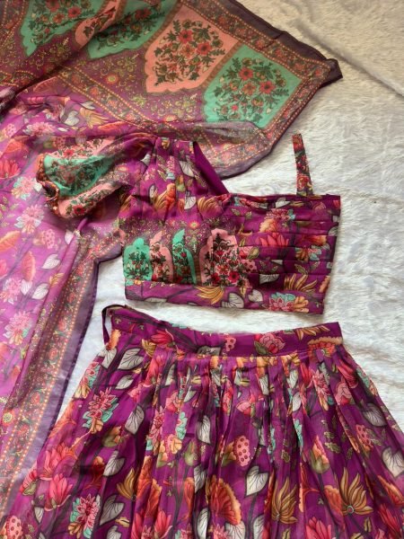 Glamorous Wine Organza Silk Lehenga with Floral Print for Festive Wear Designer Lehenga Choli