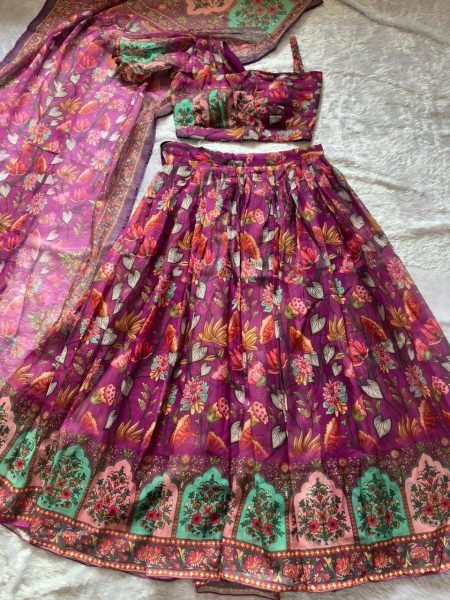 Glamorous Wine Organza Silk Lehenga with Floral Print for Festive Wear Designer Lehenga Choli