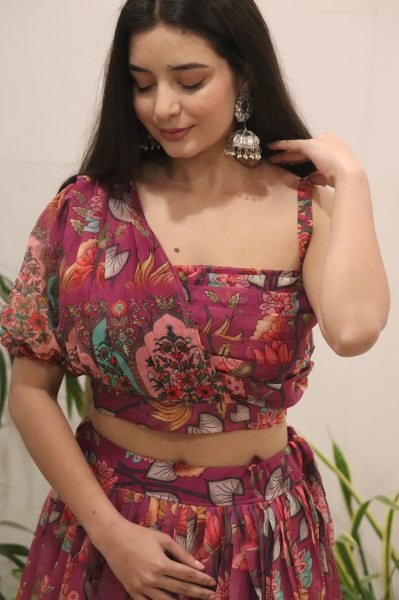 Glamorous Wine Organza Silk Lehenga with Floral Print for Festive Wear Designer Lehenga Choli