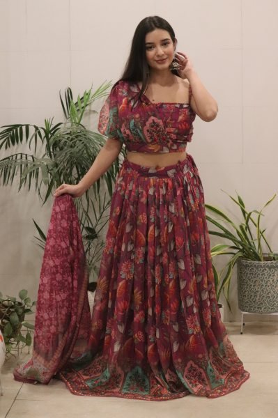Glamorous Wine Organza Silk Lehenga with Floral Print for Festive Wear Designer Lehenga Choli