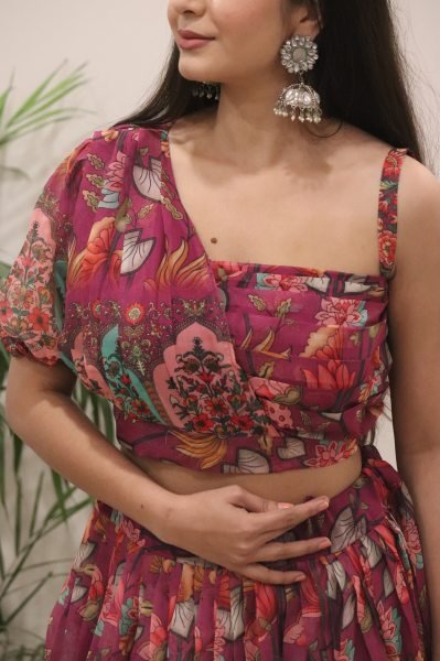 Glamorous Wine Organza Silk Lehenga with Floral Print for Festive Wear Designer Lehenga Choli