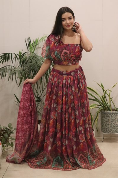 Glamorous Wine Organza Silk Lehenga with Floral Print for Festive Wear Designer Lehenga Choli