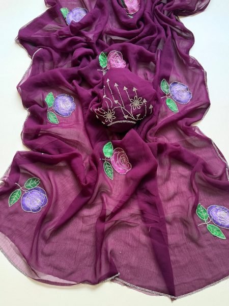 Glamorous Wine Pure Chiffon Saree with Hand Brush Flowers and Matching Blouse 