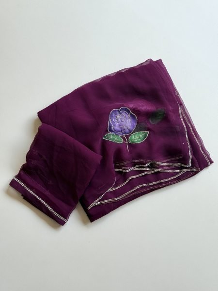 Glamorous Wine Pure Chiffon Saree with Hand Brush Flowers and Matching Blouse Pure Chiffon Sarees Wholesale