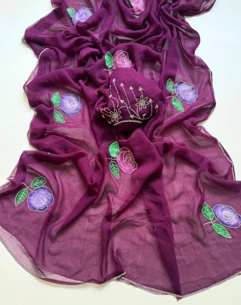 Glamorous Wine Pure Chiffon Saree with Hand Brush Flowers and Matching Blouse Pure Chiffon Sarees Wholesale