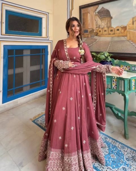 Glamorous Wine Sequnce Work Gown For Party Wear  Ready To Wear Suit