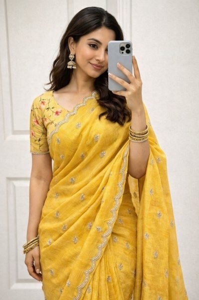 Glamorous Yellow Crush Georgette Saree with Floral Blouse for Festive Wear Embroidery Sarees Wholesale