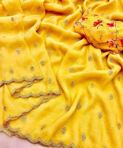 Glamorous Yellow Crush Georgette Saree with Floral Blouse for Festive Wear Embroidery Sarees Wholesale