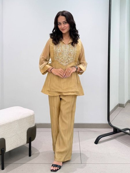 Glamorous Yellow Mosko Cord Set With Beautiful Beads Work In Top For Wholsaler  Kurtis