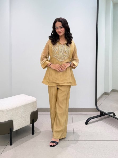 Glamorous Yellow Mosko Cord Set With Beautiful Beads Work In Top For Wholsaler  CO ORD Sets