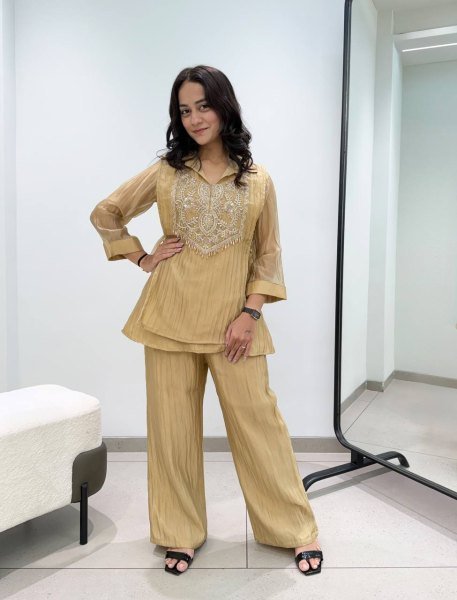 Glamorous Yellow Mosko Cord Set With Beautiful Beads Work In Top For Wholsaler  CO ORD Sets