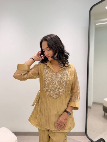 Glamorous Yellow Mosko Cord Set With Beautiful Beads Work In Top For Wholsaler  CO ORD Sets