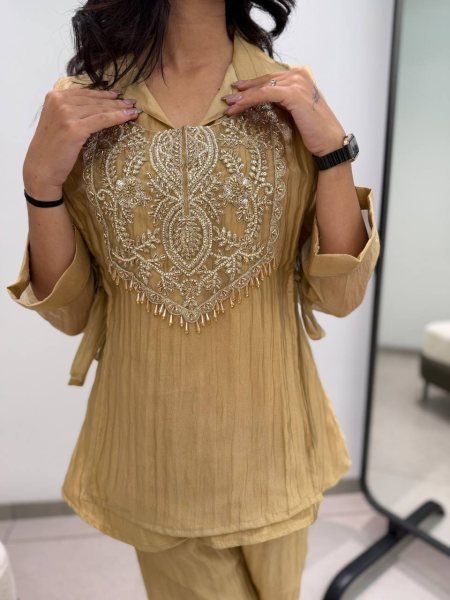 Glamorous Yellow Mosko Cord Set With Beautiful Beads Work In Top For Wholsaler  CO ORD Sets