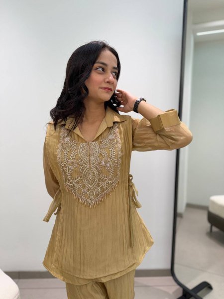 Glamorous Yellow Mosko Cord Set With Beautiful Beads Work In Top For Wholsaler  CO ORD Sets