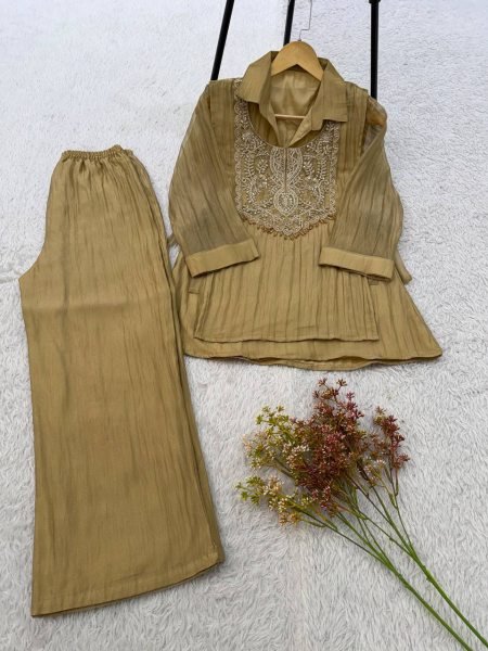 Glamorous Yellow Mosko Cord Set With Beautiful Beads Work In Top For Wholsaler  CO ORD Sets