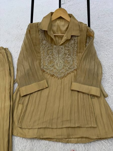 Glamorous Yellow Mosko Cord Set With Beautiful Beads Work In Top For Wholsaler  CO ORD Sets
