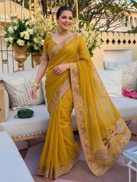 Glamorous Yellow Wedding Wear Soft Star Georgette Saree with Embroidered Blouse 