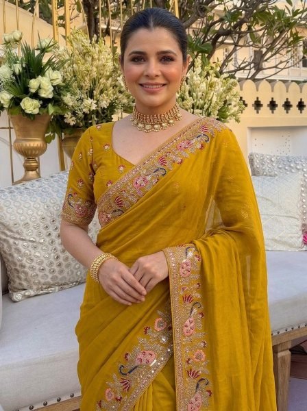 Glamorous Yellow Wedding Wear Soft Star Georgette Saree with Embroidered Blouse Georgette Sarees Wholesale