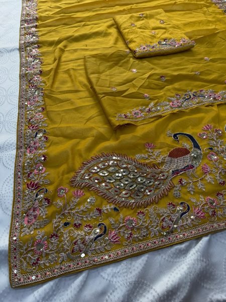 Glamorous Yellow Wedding Wear Soft Star Georgette Saree with Embroidered Blouse Georgette Sarees Wholesale