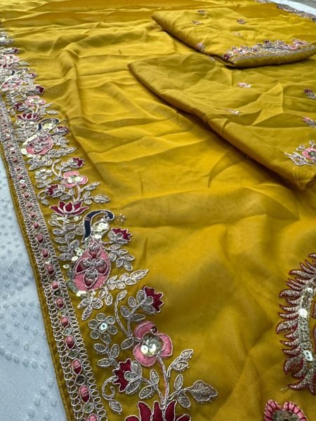 Glamorous Yellow Wedding Wear Soft Star Georgette Saree with Embroidered Blouse Georgette Sarees Wholesale