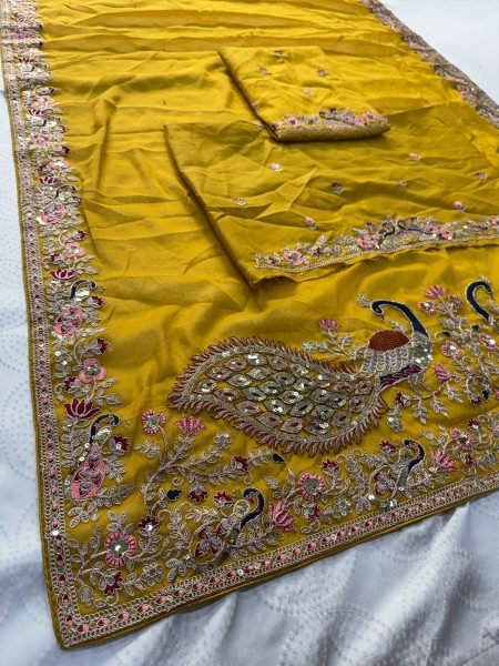 Glamorous Yellow Wedding Wear Soft Star Georgette Saree with Embroidered Blouse Georgette Sarees Wholesale