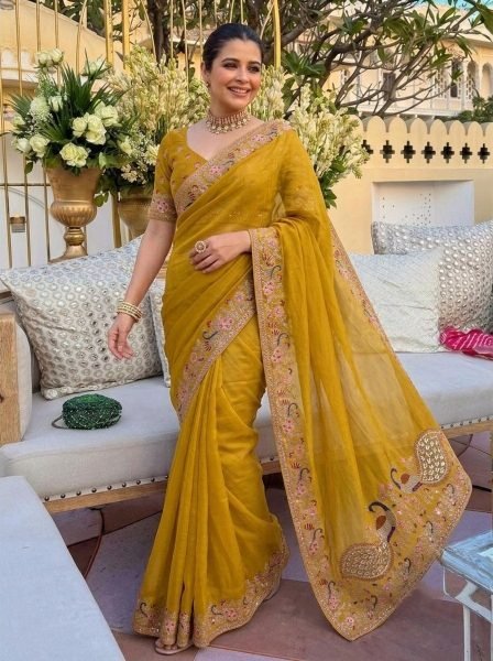 Glamorous Yellow Wedding Wear Soft Star Georgette Saree with Embroidered Blouse Georgette Sarees Wholesale