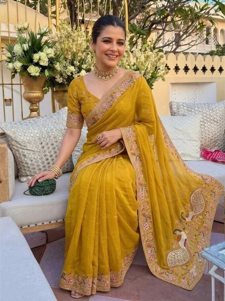 Glamorous Yellow Wedding Wear Soft Star Georgette Saree with Embroidered Blouse Georgette Sarees Wholesale