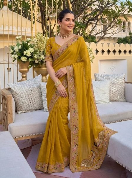 Glamorous Yellow Wedding Wear Soft Star Georgette Saree with Embroidered Blouse Georgette Sarees Wholesale