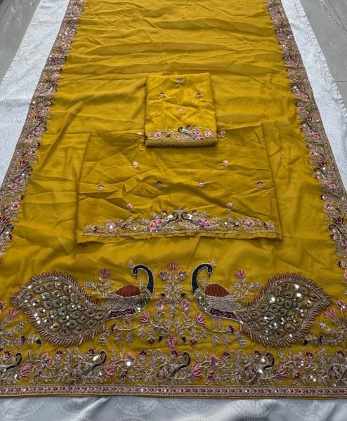 Glamorous Yellow Wedding Wear Soft Star Georgette Saree with Embroidered Blouse Georgette Sarees Wholesale