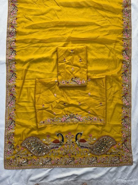 Glamorous Yellow Wedding Wear Soft Star Georgette Saree with Embroidered Blouse Georgette Sarees Wholesale