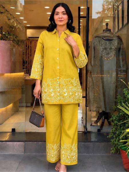 Glamorous Yellow Women's Rayon Embroidered Co-Ord Set with Matching Palazzo at Wholesale Rate Kurtis