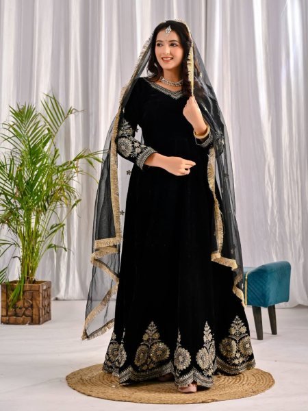 Gleaming Black Fully Stitch Velvet Anarkali Set with Embroidered Dupatta and Pant for Resellers  Anarkali Kurtis 