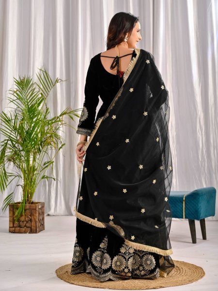 Gleaming Black Fully Stitch Velvet Anarkali Set with Embroidered Dupatta and Pant for Resellers  Anarkali Kurtis 