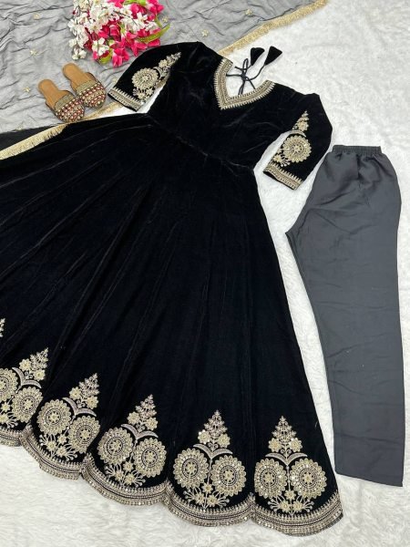 Gleaming Black Fully Stitch Velvet Anarkali Set with Embroidered Dupatta and Pant for Resellers  Anarkali Kurtis 