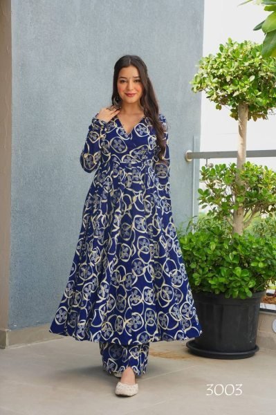 Gleaming Blue Ready to Wear  Printed Angrakha Kurti With Bottom for Office Wear Printed Kurtis