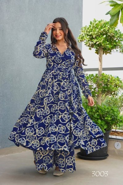 Gleaming Blue Ready to Wear  Printed Angrakha Kurti With Bottom for Office Wear Printed Kurtis