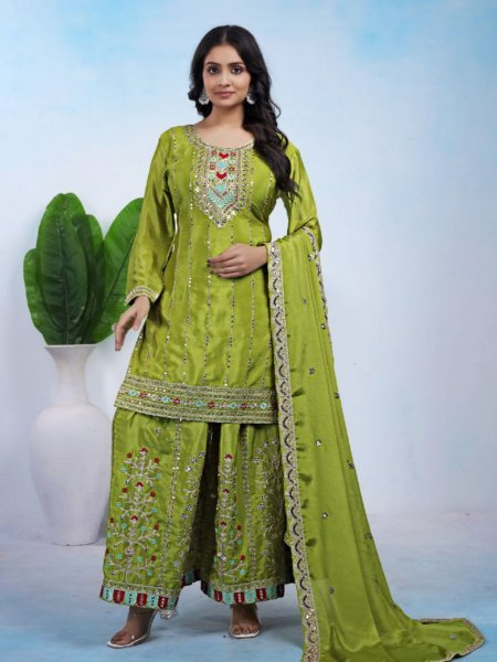 Gleaming Chinon Coding Sequence Embroidered Sharara Suit for Festive Look Ready To Wear Suit