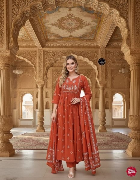 Gleaming Cotton Embroidered Kurti Set for Women with Mal Cotton Dupatta for Daily Wear Anarkali Kurtis 