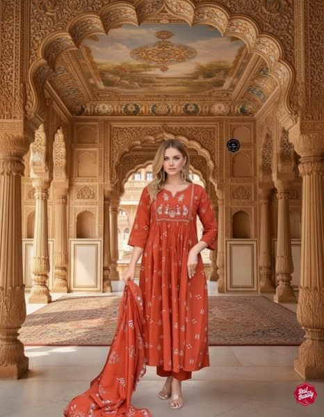 Gleaming Cotton Embroidered Kurti Set for Women with Mal Cotton Dupatta for Daily Wear Anarkali Kurtis 