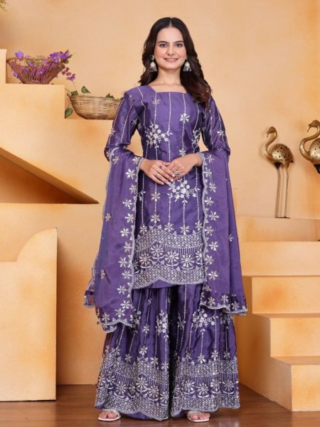 Gleaming Fully Stitched Chinon Top with Embroidered Sharara   Dupatta for Wholesale Rate 
