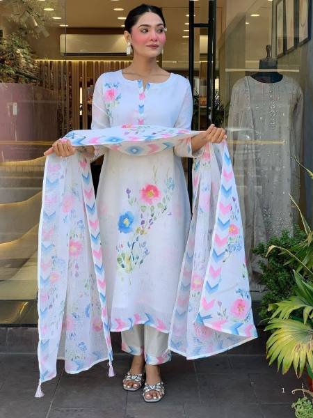 Gleaming White Pure Linen Embroidered Kurti Set For Gift Purpose   Straight Cut Long Kurtis