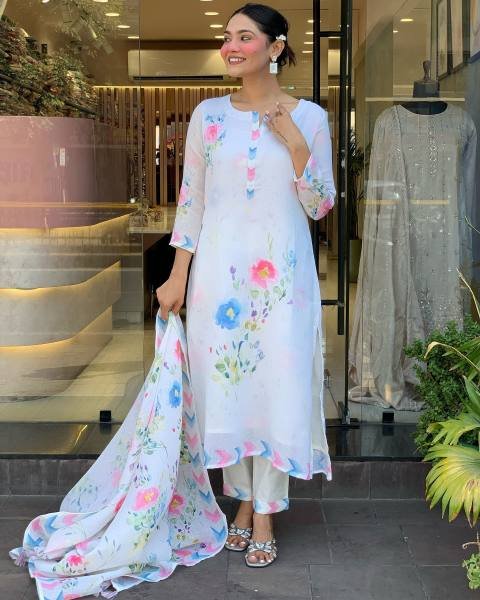 Gleaming White Pure Linen Embroidered Kurti Set For Gift Purpose  Printed Kurtis