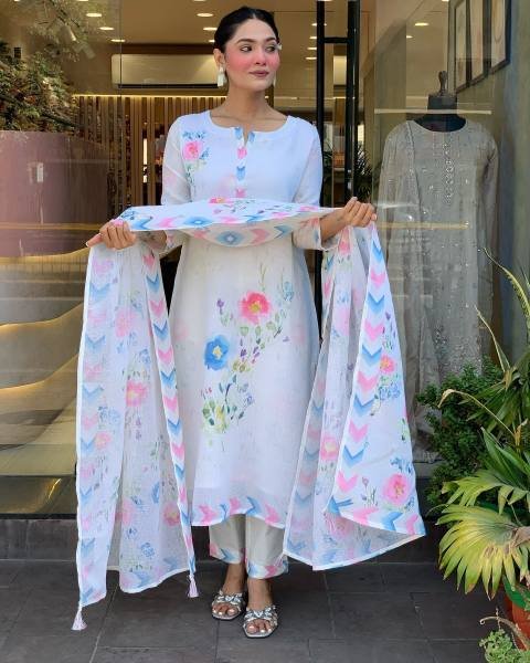 Gleaming White Pure Linen Embroidered Kurti Set For Gift Purpose  Printed Kurtis