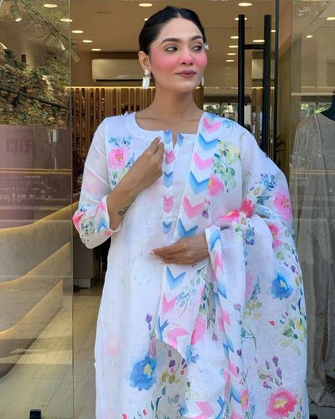Gleaming White Pure Linen Embroidered Kurti Set For Gift Purpose  Printed Kurtis