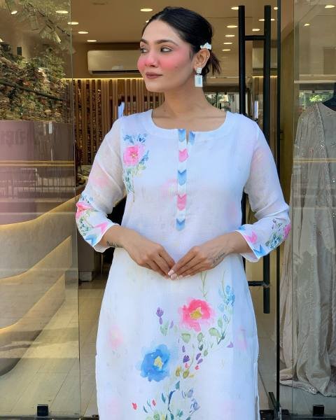 Gleaming White Pure Linen Embroidered Kurti Set For Gift Purpose  Printed Kurtis