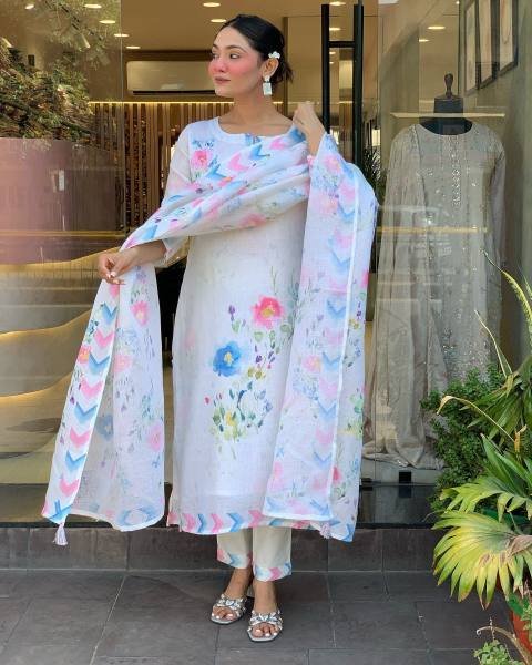 Gleaming White Pure Linen Embroidered Kurti Set For Gift Purpose  Printed Kurtis
