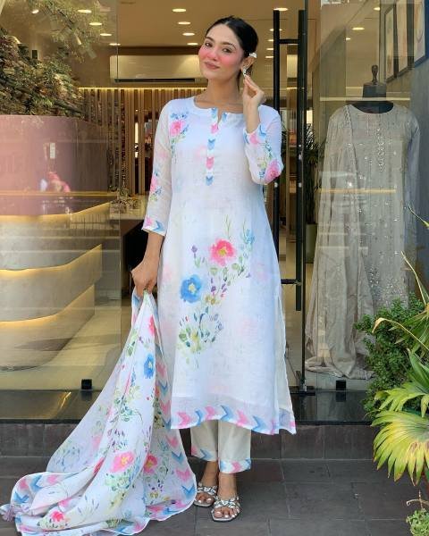 Gleaming White Pure Linen Embroidered Kurti Set For Gift Purpose  Printed Kurtis
