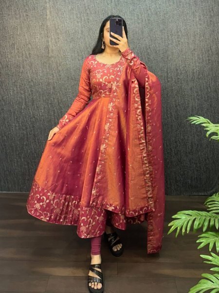 Gleaming Wine Banarasi Tissu Embroidered Gown Set for South Indian Wedding Wearing  Kurtis