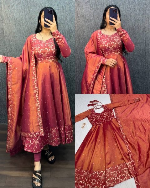 Gleaming Wine Banarasi Tissu Embroidered Gown Set for South Indian Wedding Wearing  Kurti With Dupatta Wholesale