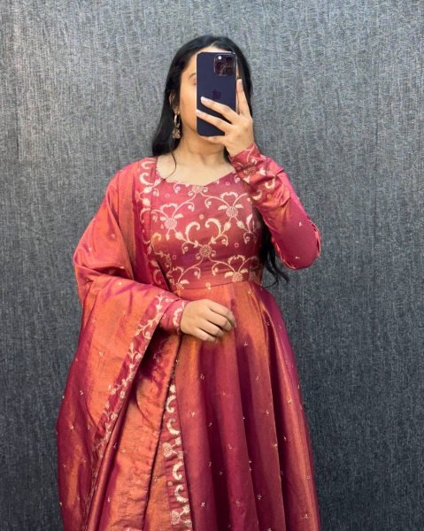 Gleaming Wine Banarasi Tissu Embroidered Gown Set for South Indian Wedding Wearing  Kurti With Dupatta Wholesale